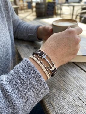 Vintage  Nautical Brown Leather Anchor Bracelet • Silver Tone Metal Cuff Unisex